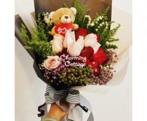 Pink & Red Roses With Bear